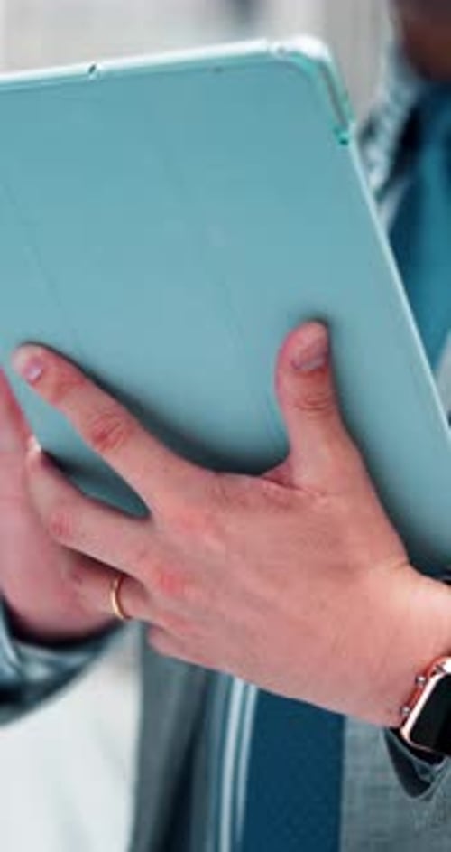 Tablet, hands and person in city with business research for finance forecasting report online