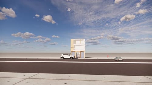 Un camión pasa por un edificio modular