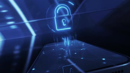 Icono de bloqueo de ciberseguridad, holograma y concepto de protección de datos y privacidad de teléfonos inteligentes o antivirus