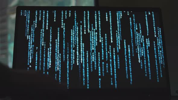 Matrix Background with Falling Digital Code Rain on Laptop Screen Hands ...