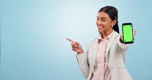 Business woman, phone green screen and presentation for marketing, website information
