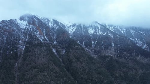 Aerial view of a snow-covered mountain range near Canfranc-Estación, Aragón, Spain