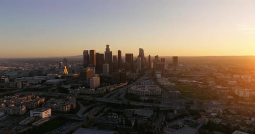 Aerial of downtown Los Angeles in dawn, sunset in California