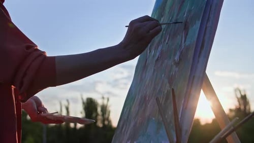 Art Therapy a Young Woman Uses Brushes and Beautifully Draws a Creative Picture in Nature in an