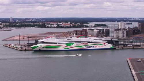 Aerial View of Giant Boat Moored in Port Cruise Ferry Providing Shuttle Between Scandinavian Cities