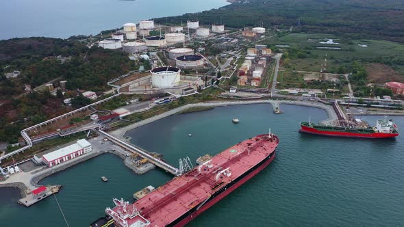 Aerial view to a oil port of oil refinery Lukoil on Black Sea near to ...