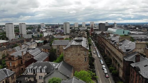 Aerial cityscape of Glasgow City high-rise buildings in Scotland- Drone view