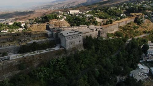Drone orbit shot 4k of f Gjirokastra castle. Gjirokastra Castle is a castle in Gjirokastra, Albania