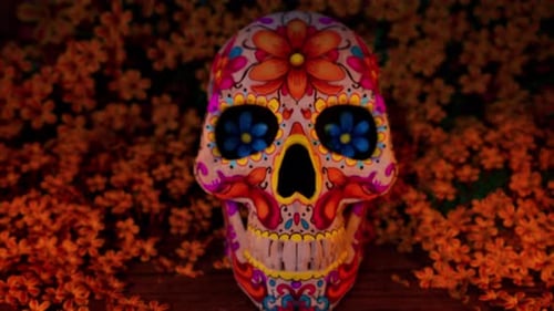 Día de los Muertos Altar with Sugar Skull and Marigold Flowers