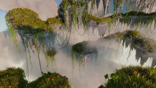 Aerial View of Floating Islands with Red Flowers Seamless Loop 3d Animation