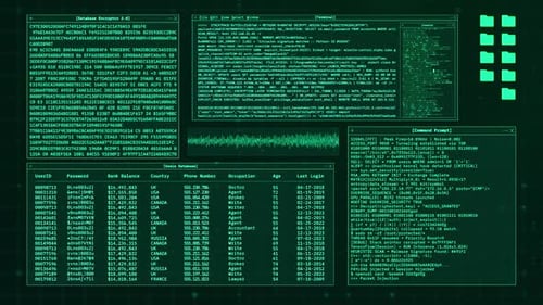 Database Encryption Hacking Console – Cyber Security User Data Breach Digital Background Animation
