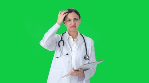 Confused Indian female doctor thinking about something Green screen
