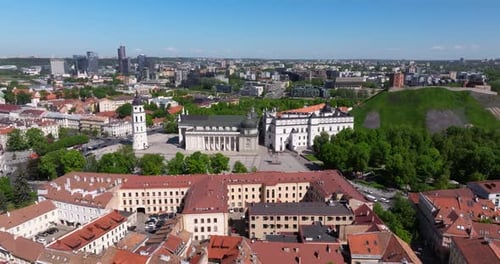 Vilnius, Lithuania - Cinematic Establishing Shot of Cathedral Square, Gediminas Tower