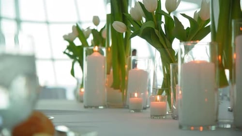 Move Camera Shot of Restaurant Banquet Table Set Up Served Dinner Tableware on Event