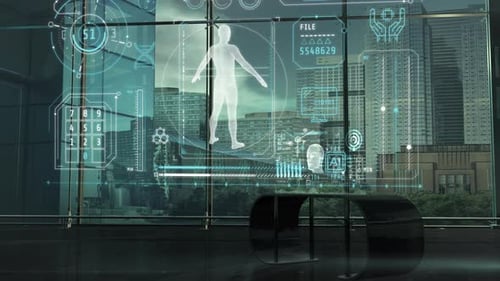 Animated Futuristic Holographic UI Display with Human Scan Data