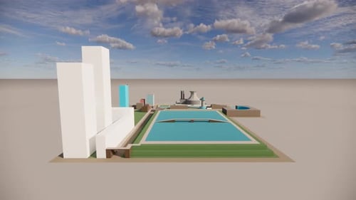 Modelo 3D de la ciudad con piscina y edificios