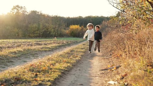 Little Happy Boys Twins Running Countryside Road Rural Childhood Autumnfamily