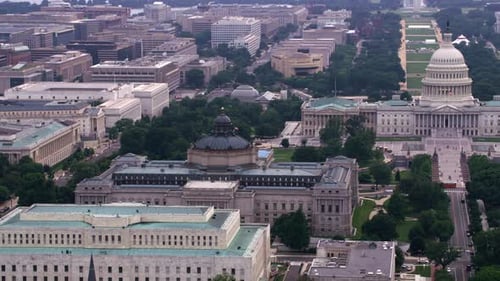 Aerial view of the library of congress and the capitol in Washington dc circa 2017
