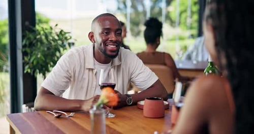 Happy couple, date and wine glass with cheers in restaurant for toast, celebration or tasting