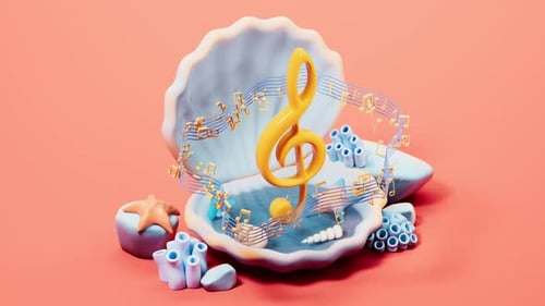 Coquille de pétoncle sous l'eau et notes de musique