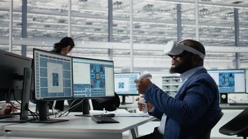 Microchip Factory Lab Specialist Using VR Headset to Analyze Chip Architecture