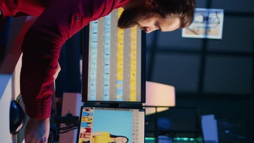 Man Works at Computer Desk in Dark Office