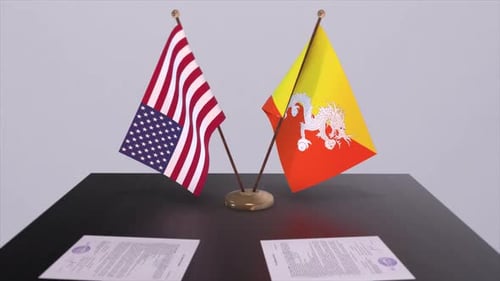 Bhutan and USA at the negotiating table, a diplomatic deal. Business and politics animation