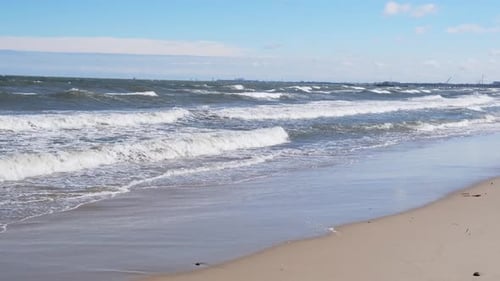 Baltic Sea Dark Blue Clouds and Sea or Ocean Water Surface with Foam Waves Before Storm Dramatic