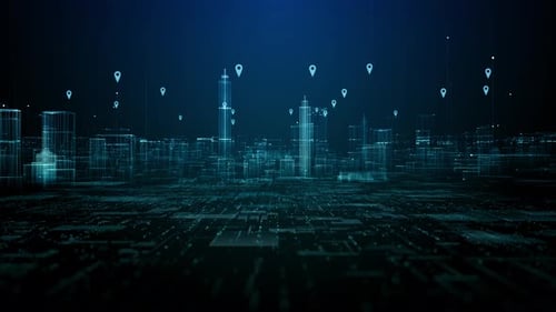 Digital Cityscape Network with Pin Location Icons