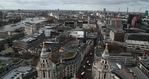 Looking down towards the City of London and the London Eye from St Paul's Cathedral, London, London,