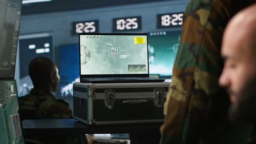 Military Expert in Base of Operations Using Radar on Notebook
