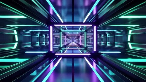 Futuristic Sci Fi Neon Tunnel with Cyan and Purple Lights