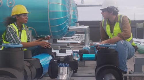 Junge Ingenieurin untersuchen Pipeline und suchen in der Fabrik nach digitalem Tablet.