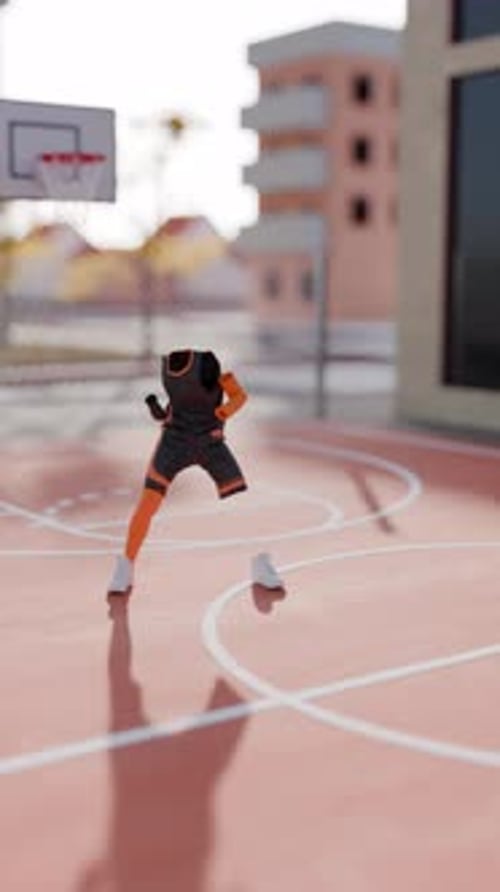 Modern 3D Animation of a Headless Basketball Player Dribbling