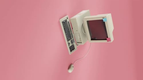 Computador retrô com mouse no fio e espaço em disquete, renderização 3D na vertical