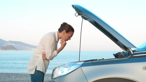 Auto Lady Have Problems with Car in Nature