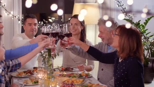 Family dinner party toasting with red wine indoors