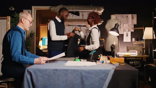Un client a ajusté son costume et son blazer dans un atelier