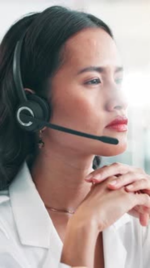 Call center, agent and woman with headset, thinking and planning for tech support