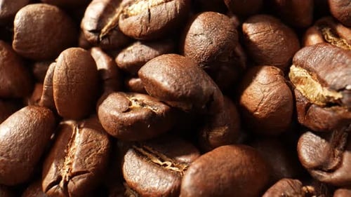 Beautiful coffee beans. Close-up macro video. 4K