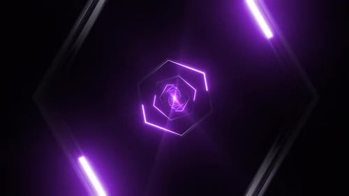 Journey through a vibrant neon purple geometric tunnel, endless light