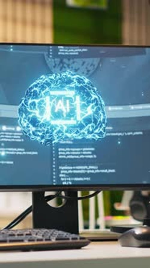 Vertikaler Video-PC im leeren IT-Startup-Büro mit Code für künstliche Intelligenz
