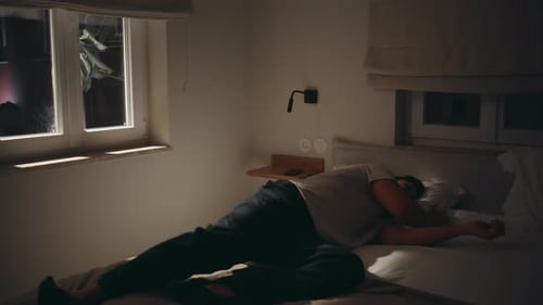 Restless Man Tossing Bed Trying Fall Asleep at Night Apartment Exhausted Guy
