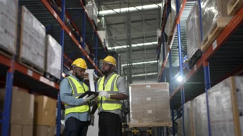 Blue collar workers are working at warehouse.