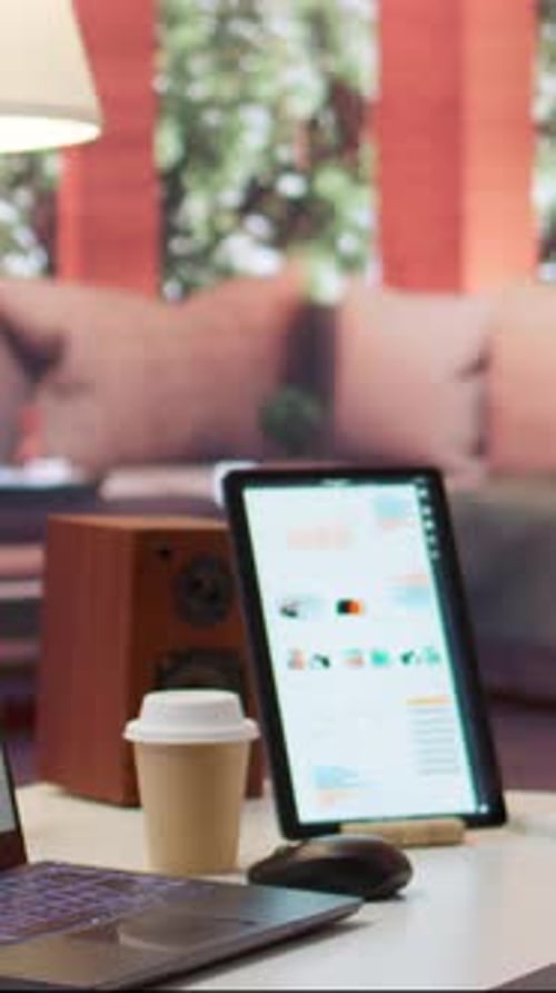 Vertical Video Empty Office at a Business Entrepreneur House with Laptop and Documents