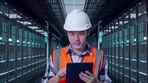 Asian Male Use Tablet While Walking in Data Center