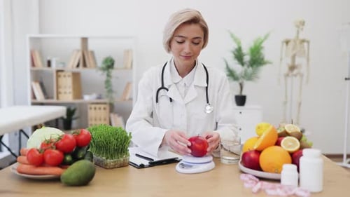 Doctor Weighing an Apple for Healthy Diet Planning