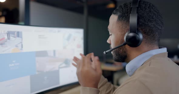 Call center, computer screen and man, agent or consultant communication ...