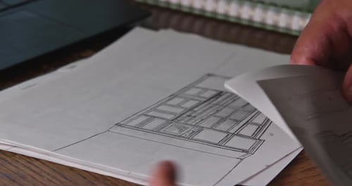 Hojeando planos arquitectónicos revisando dibujos detallados de documentos de construcción