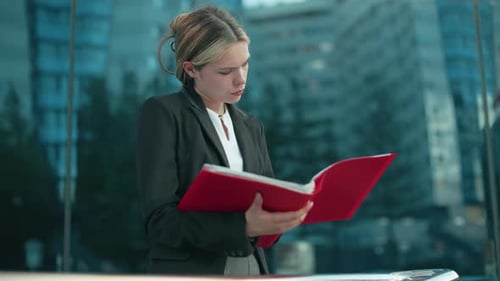 Business Tycoon Reviewing Red File Outside Glass Office Building Urban Scene